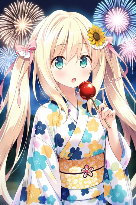 masterpiece,best quality,amazing quality,highres,scenery,newest,1girl,official style,erika,long hair,blonde hair,green eyes,aqua eyes,bangs,hair between eyes,twintails,erika kimono,japanese clothes,flower,kimono,hair flower,hair ornament,sash,obi,yukata,floral print,pink ribbon,wide sleeves,long sleeves,ribbon,yellow flower,sunflower hair ornament,hair ribbon,very long hair,white kimono,sunflower,sidelocks,<lora:erika:1>,outdoors,fireworks,looking at viewer,:o,upper body,candy apple,
