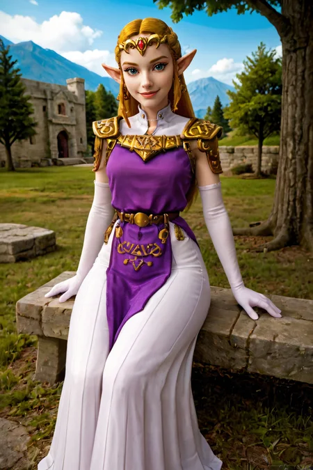 zPDXL2, <lora:OoTZeldaSDXL:.7>
princess zelda, long dress, pelvic curtain, elbow gloves, long white skirt, looking at viewer, smiling, sitting, on stone bench, outside, courtyard, tree, blue sky,