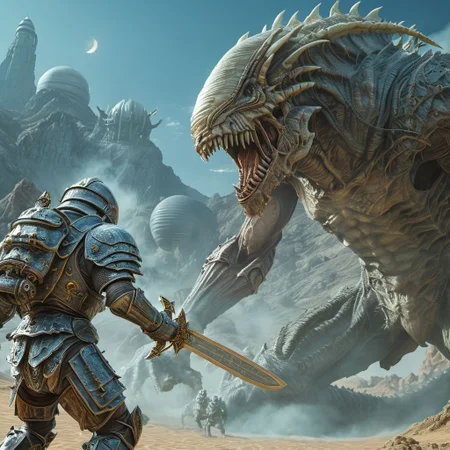 an action shot of a knight in HK style armor holding a sword, fighting a big four arm monster boss on an  alien planet, action in background, bosstyle, moonlit, masterpiece, hyper detailed, ultra detailed, super realistic, stunning compostion, clear shadow and highlights, 32k, intricate details, ultimate quality, hyperrealistic, vivid colors, volumetric, breathtaking scenery, high texture resolution, sharp focus