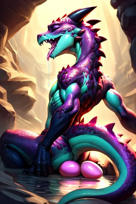scalie, anthro, ((female)), ((kobold:1.3)), detailed pink scales, detailed dragon scales, intricate scales, detailed face, (big eyes:0.5), claws, open mouth, grin, (fangs:1.3), cute, young, (muscular), athletic, elegant, beautiful, claws, bright eyes, expressive eyes, (chubby:0.4), (plump:0.4), smiling, happy,  celestial being,
(chrome:0.2), shiny skin, (crystal:0.6), (mineral fauna:0.6), light beam, reflective,
((closed eyes)),
all fours, butt, raised tail, spread legs, oviposition, laying wet pink egg, surrounded by wet pink eggs, wet plump labia, wet crotch, wet pussy, peeing,
seen from behind, looking back,
(saliva:1.5), (drooling:1.5), ((sweating)), (wet),
<lora:dragon:0.2>,
<lora:addmoredetails:0.1>,
<lora:Velociraptor_Dino:0.1>,
<lora:deathclaw:0.5>,
<lora:FurryCore:0.7>
<Lora:sailor_moon:1.3>
by darkgem, by thesecretcave, by qwertdragon,
noon, sunlight, 
on a beach, 
nude,
(ambient light on the body),
Ray tracing, dutch angle, concept art, highly detailed, (hi res), ((masterpiece)), ((best quality)) masterpiece, best quality, masterpiece, best quality, cinematic composition, (masterpiece, best quality, ultra realistic, 4k, (high detail:1.3), sharp focus,