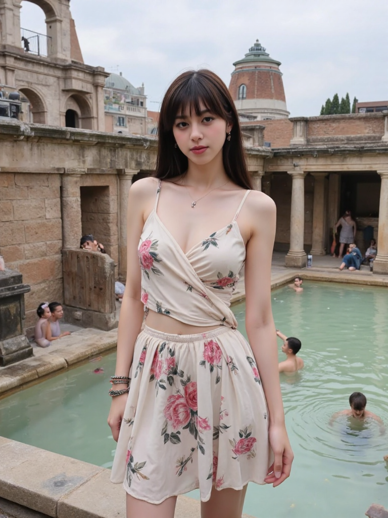 There are wonderful studio lights and various reflections,
18yo beautiful cute girl with blushing and female orgasm.skin naturally showing the texture of blood vessels and detailed pale skin,
--,
<lora:Nakajo_Ayami_f1:1>,she is Nakajo Ayami,
(Floral_wrap_top:1.5),(Midi_skirt:1.4),(Beaded_bracelets:1.3), She is in the center of the picture. Apart from her, all the other people in this ancient Roman open-air bath are ancient Roman men. It is beautifully decorated, the pool is steaming, and in the distance is the magnificent Roman Colosseum.,#ç½é©¬æµ´æ±