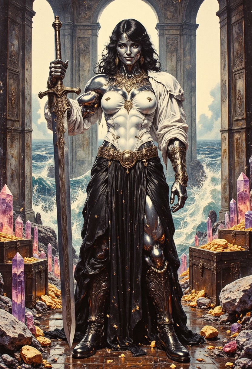 Realistic oil painting of a strong MetalFairy woman, with metallic chrome skin, huge muscles, and flowing black hair. She's wearing a white armored corset with flowing sleeves, a black leather pleated skirt, and black leather boots. The womans strong muscular frame grips a huge sword with one hand it's jagged blade glowing faintly with runic etchings. Her expression is that of amusement, her lips curved up in a smirk. Adorning her chest are an arrangement of necklaces with ancient symbols. She stands in large room filled with treasure chests filled with gold and massive multicolored crystals, the windows in the room look down towards a raging sea. Her metallic skin sparkles with crystalline dust, and sweat trickles down her cleavage and her huge muscles.