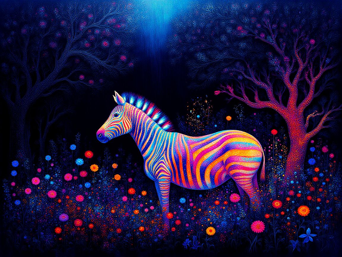 wooded valley, zebra with coloured lamps <lora:Midjourney_Whisper_Chromaplex_Velvet_Myst_v01:1>