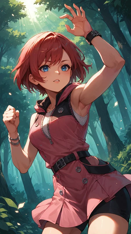 score_9,score_8_up,score_7_up,score_6_up, <lora:xl_more_art-full_v1:0.5>, source_anime, girl, dynamic pose, dynamic pose, <lora:Kairi - Pony:0.8>, short hair, red hair, blue eyes, pink hoodie, pink skirt, black belt, sleeveless, bracelet, forest, light rays, light particles,