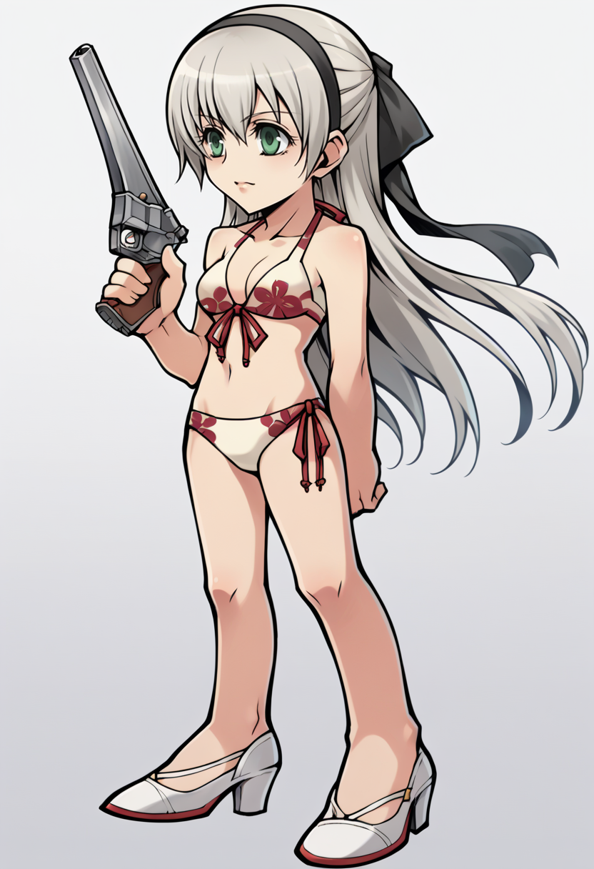 score_9, score_8_up, score_7_up, source_anime BREAK 1girl, solo,
<lora:zs_OperaOmniaStyleXL:1> operaomniastyle, full body, white background
 <lora:elie-pdxl-nvwls-v1:1> swimElie, hairband, hair ribbon, front-tie bikini, floral print, side-tie bikini bottom, holding, gun