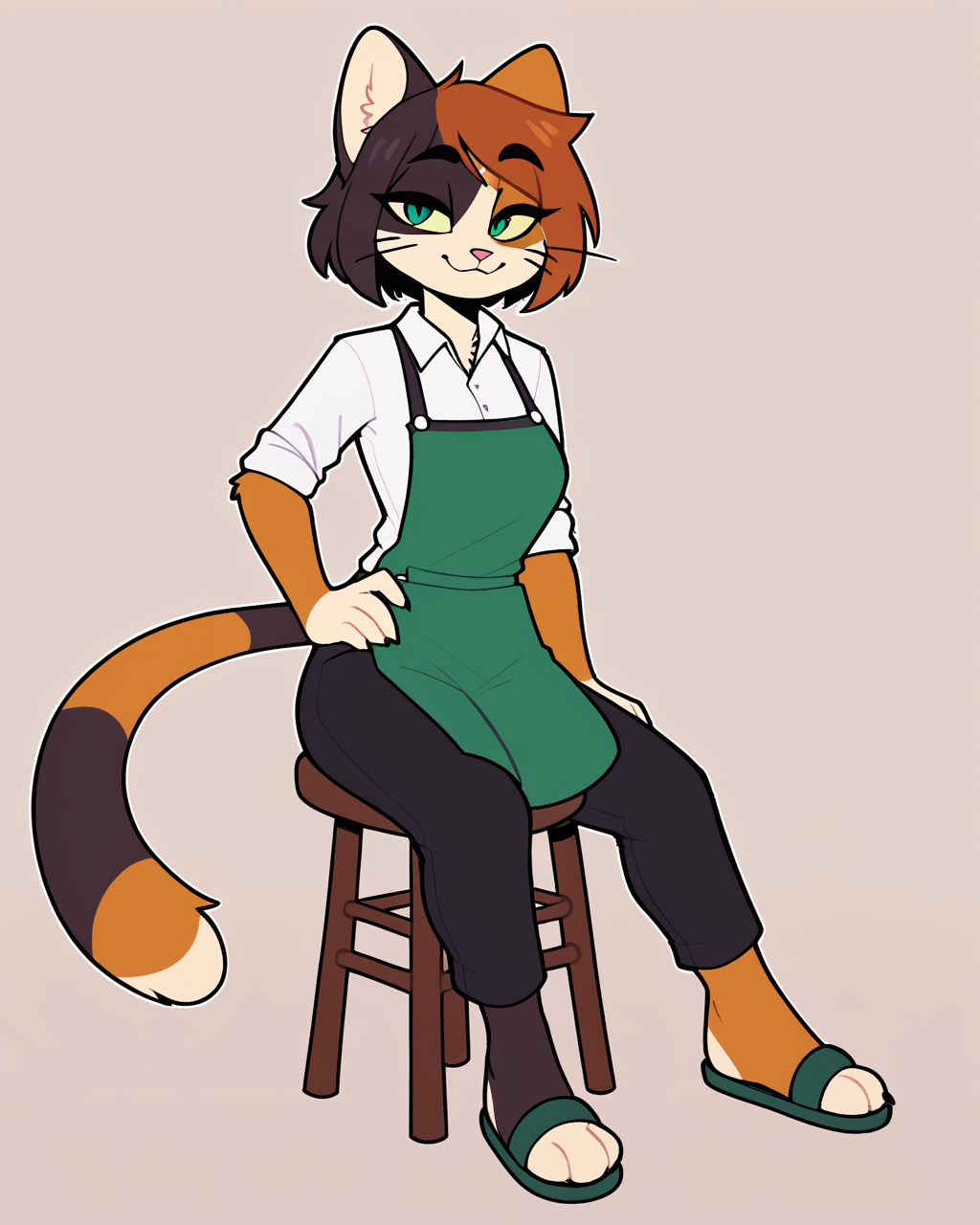 score_9_up, score_8_up, score_7_up, score_6_up, by remanedur, furry female, cat, calico, female, furry, multicolored hair, green eyes, collared shirt, short hair, bangs, hand on hip, green apron, black pants, medium breasts, bedroom eyes,  looking at viewer, smile, happy, head tilt, solo, green sandals, sitting on stool, bar stool,  three-quarter view, simple background, white outline,   <lora:Leah_Pines(AIM)_XL_v1:0.15> <lora:PDXL_artist_tags_v2_big:0.5> <lora:The-Minuscule-Task_PDXL_v1.0:0.6>  <lora:Kawa_R3KNWN:0.6>