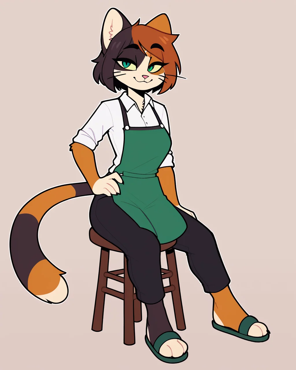 score_9_up, score_8_up, score_7_up, score_6_up, by remanedur, furry female, cat, calico, female, furry, multicolored hair, green eyes, collared shirt, short hair, bangs, hand on hip, green apron, black pants, medium breasts, bedroom eyes,  looking at viewer, smile, happy, head tilt, solo, green sandals, sitting on stool, bar stool,  three-quarter view, simple background, white outline,   <lora:Leah_Pines(AIM)_XL_v1:0.15> <lora:PDXL_artist_tags_v2_big:0.5> <lora:The-Minuscule-Task_PDXL_v1.0:0.6>  <lora:Kawa_R3KNWN:0.6>