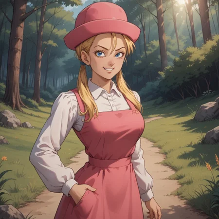 score_9, score_8, BREAK, solo, Marron_(Dragon_Ball_GT), long hair, blonde hair, blue eyes, twintails, hair tie, hair over shoulders, pink dress, sleeveless dress, collared shirt, long sleeves, white socks, yellow footwear, pink headwear, hat, tall, adult female, mature female, big breasts, self portrait, smile, looking at viewer, outdoors, sunlight, shadows, evening lighting, natural lighting, forest, trees, grass, orange sky, sunset