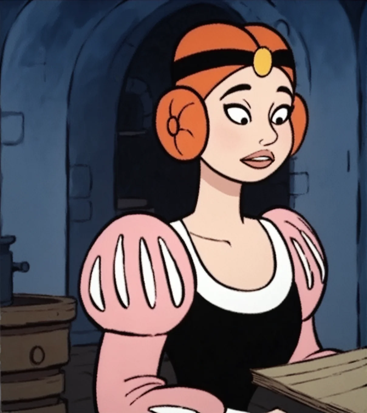 score_9, score_8_up, score_7_up,
princess_sabina, red hair, princess dress, bouffant dress with gigot sleeves and petticoat, side buns, (dot pupils), indoors, castle, cartoon, <lora:Princess_Sabina:1>