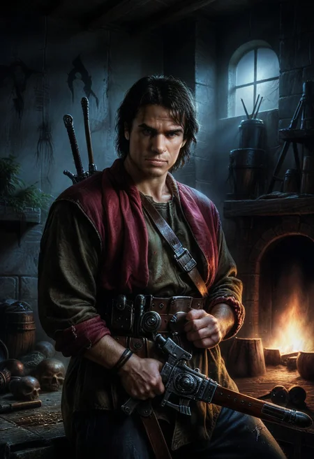 realistic, dark theme, low light, 1boy, solo.
fit body, DFMale, Warrior, weapon