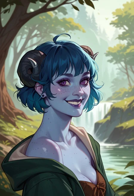score_9, score_8_up, score_7_up, score_6_up, source_western
Jester_lavorre, colored skin, horns, blue skin, freckles,
1 girl, outside, forest, smiling,
flat colors
