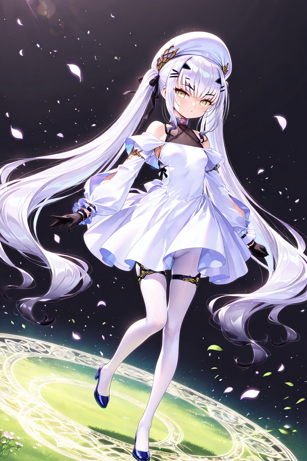 melusine \(Spiritron Dress\) \(fate\),1girl,gloves,black gloves,dress,long hair,white dress,solo,pantyhose,twintails,hat,looking at viewer,white pantyhose,day,bangs,hair ornament,white hair,hairclip,full body,very long hair,white headwear,yellow eyes,<lora:melusine2 (Spiritron Dress) (fate):0.8>,(black background:1.1),, masterpiece,best quality,amazing quality,