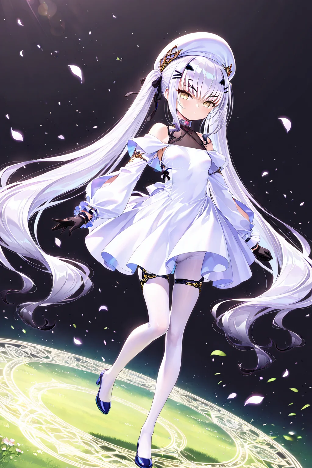 melusine \(Spiritron Dress\) \(fate\),1girl,gloves,black gloves,dress,long hair,white dress,solo,pantyhose,twintails,hat,looking at viewer,white pantyhose,day,bangs,hair ornament,white hair,hairclip,full body,very long hair,white headwear,yellow eyes,<lora:melusine2 (Spiritron Dress) (fate):0.8>,(black background:1.1),, masterpiece,best quality,amazing quality,