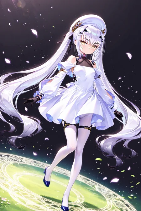 melusine \(Spiritron Dress\) \(fate\),1girl,gloves,black gloves,dress,long hair,white dress,solo,pantyhose,twintails,hat,looking at viewer,white pantyhose,day,bangs,hair ornament,white hair,hairclip,full body,very long hair,white headwear,yellow eyes,<lora:melusine2 (Spiritron Dress) (fate):0.8>,(black background:1.1),, masterpiece,best quality,amazing quality,