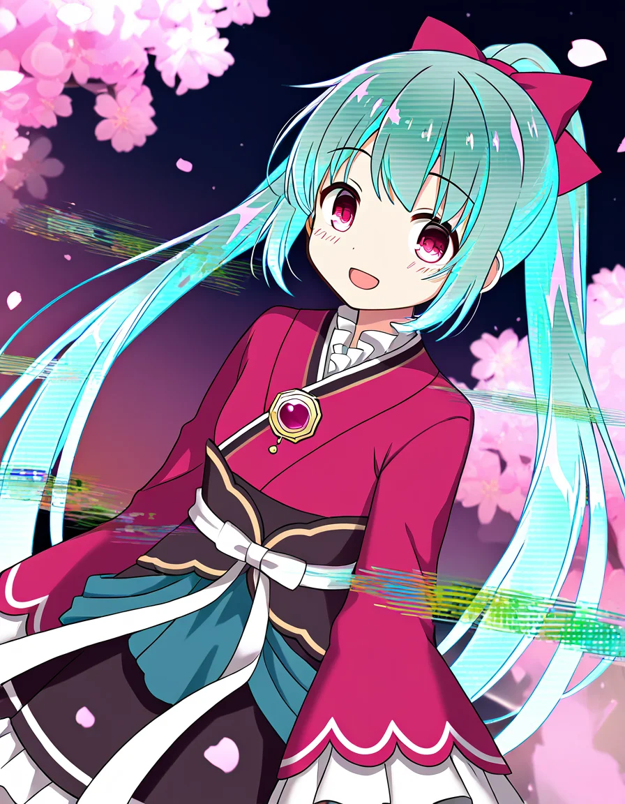masterpiece, best quality, newest, absurdres, highres, safe, 1girl, amane tsukasa, magia record: mahou shoujo madoka magica gaiden, glitch hair, glitch, aqua hair, open mouth, solo, outdoors, cherry blossoms, night, dutch angle, <lora:amane_tsukasa_noobaiXLNAIXL_vPred10Version:0.7>