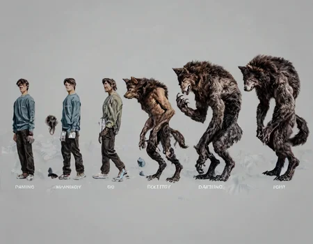 Realistic, score_9, score_8_up, score_7_up, , on a flat white background, a werewolf turning into a man , darwintheory. anime style <lora:evolutionPonyXL:1> , darwintheory, animal evolving, man evolving, 5 stage evolution