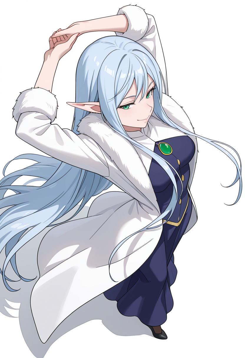 Smooth Quality,masterpiece,very intricate, high quality details, ultra realistic, high detailed skin,detailed enviorement,absurdres,
simple background, white background,
stretching pose, arms raised above head, one foot on tiptoe, slight back arch, elegant silhouette,  ,from above,naughty face,
 <lora:El-Ru_Sarion_Elmesia_cnn:0.8> elmesiacnn,1girl, green eyes, pointy ears, blue hair, very long hair,
fur coat, ,lab coat,  ,hobble skirt,