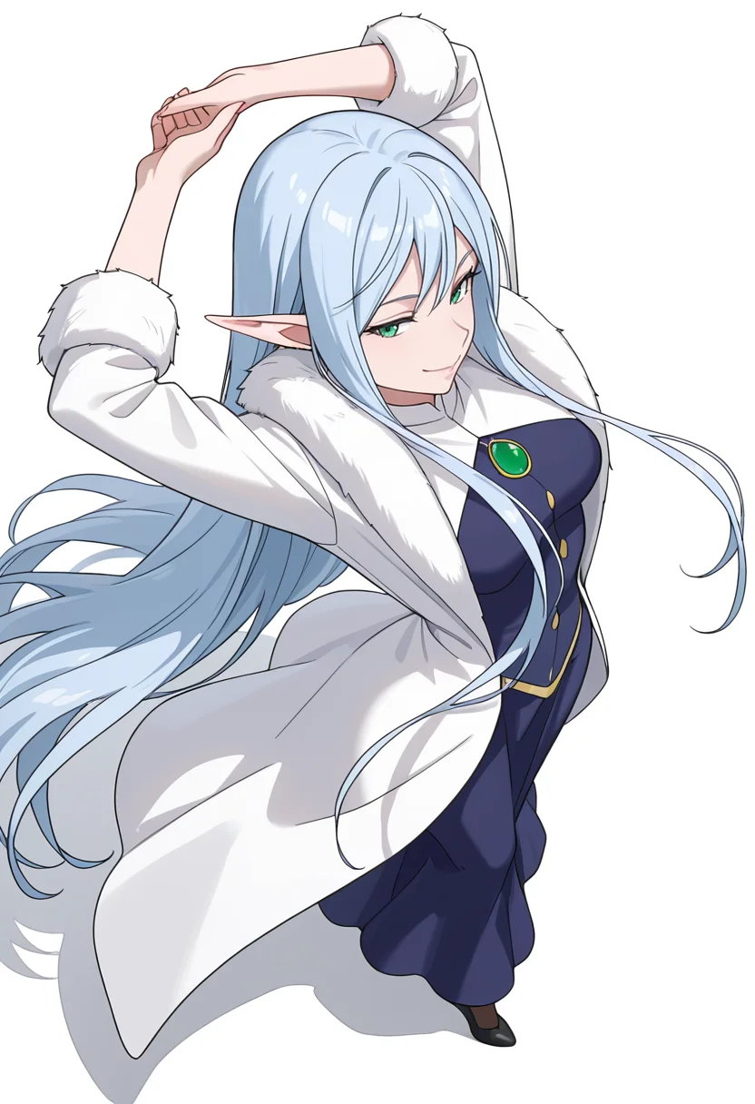 Smooth Quality,masterpiece,very intricate, high quality details, ultra realistic, high detailed skin,detailed enviorement,absurdres,
simple background, white background,
stretching pose, arms raised above head, one foot on tiptoe, slight back arch, elegant silhouette,  ,from above,naughty face,
 <lora:El-Ru_Sarion_Elmesia_cnn:0.8> elmesiacnn,1girl, green eyes, pointy ears, blue hair, very long hair,
fur coat, ,lab coat,  ,hobble skirt,
