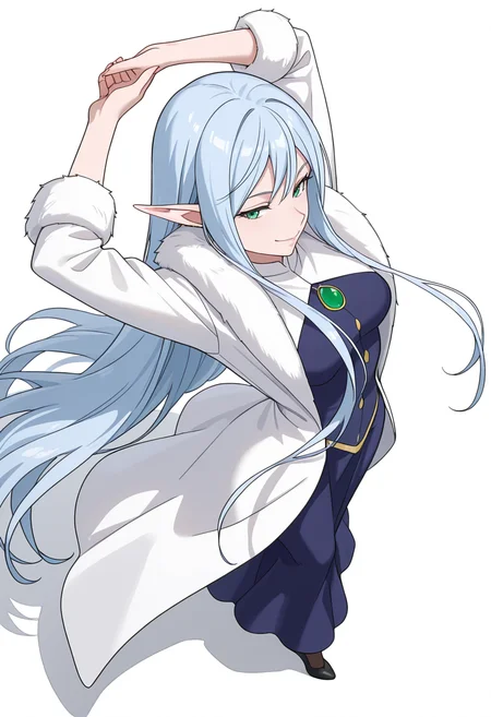 Smooth Quality,masterpiece,very intricate, high quality details, ultra realistic, high detailed skin,detailed enviorement,absurdres,
simple background, white background,
stretching pose, arms raised above head, one foot on tiptoe, slight back arch, elegant silhouette,  ,from above,naughty face,
 <lora:El-Ru_Sarion_Elmesia_cnn:0.8> elmesiacnn,1girl, green eyes, pointy ears, blue hair, very long hair,
fur coat, ,lab coat,  ,hobble skirt,