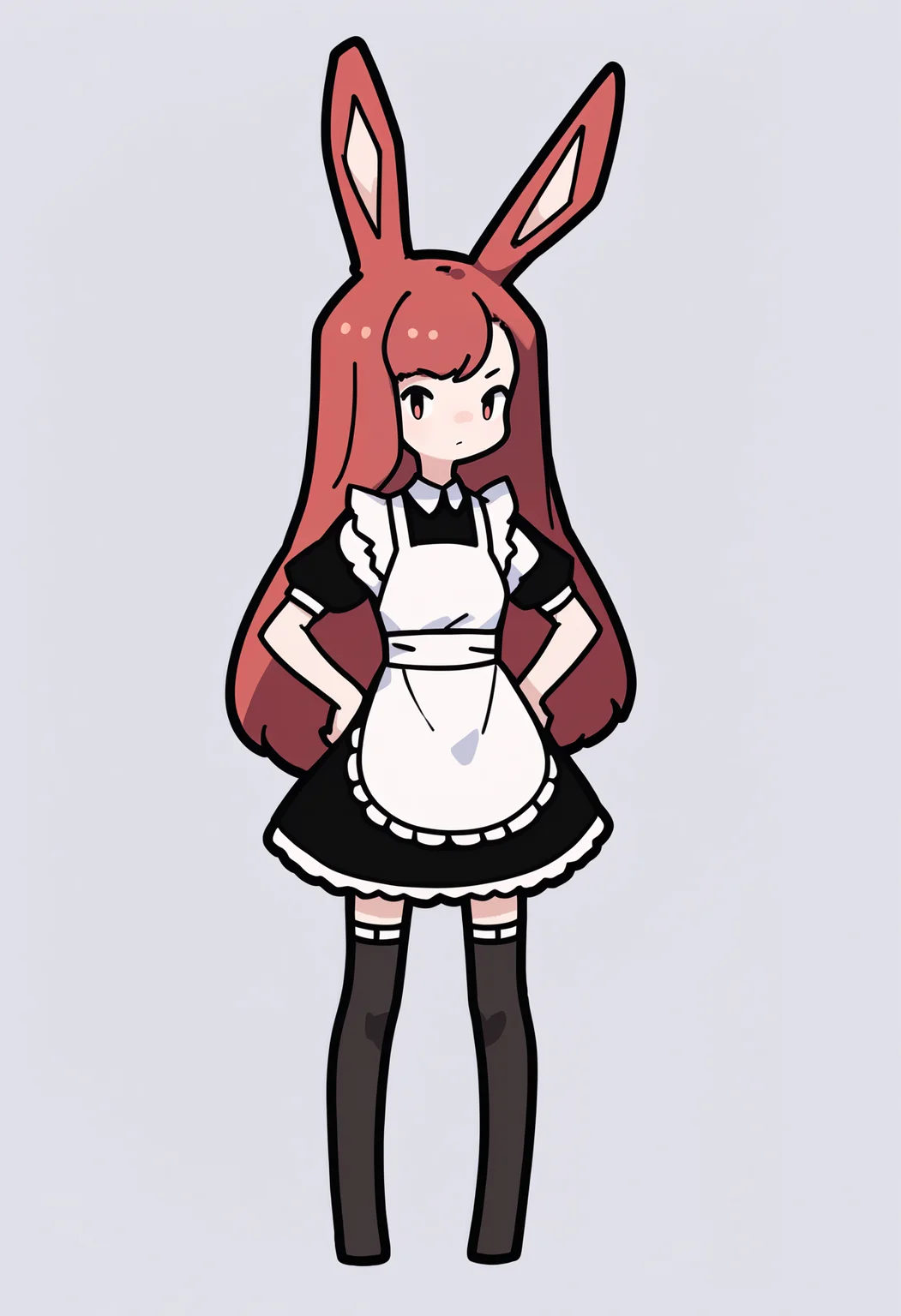score_9, score_8_up, score_7_up, score_6_up, score_5_up, score_4_up, BREAK
1girl, long hair, red hair, rabbit ears,
black dress, maid, black stockings,
hands on hips, standing, full body, solo, looking at viewer, simple background, white background <lora:RabbitAndSteelXLLocon:1>