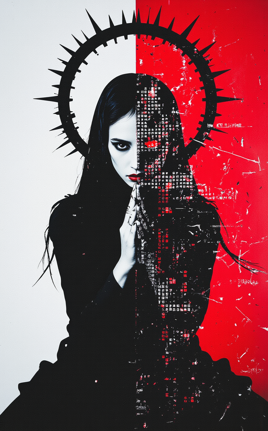 A stark black-and-white portrait of a nun in prayer, her silhouette split down the middle by a yin-yang of crimson and bone-white. The image is corrupted with VHS static, her face glitching between devotion and damnation, while a floating black halo fractures into pixelated shards above her.

Key Details:
The Nun:
Silhouette & Pose:

Kneeling, hands clasped—but her fingers distort into barbed wire in the glitches.

Face half-visible: One side serene, the other a skull emerging from digital noise.

Habit & Halo:

Tattered wimple unraveling into binary code (reads "FORGIVE ME" in ASCII).

Black halo pixelating like a dying monitor, shedding crimson tears.

The Yin-Yang Background:
Red Side:

Dripping wax forming hellish sigils.

Faint outline of a inverted cross (only visible when zoomed).

White Side:

Finger-smudged chalk (a child’s drawing of angels).

Scratches that animate when tilted (persistence of vision trick).

The Glitch Effects:
TV Static:

Scan lines cut her neck like a garrote wire.

Color bleed makes her lips flicker blood-red.

Data Corruption:

Morse code in the noise spells "SHE KNOWS".

Frozen frames of a screaming mouth hidden in the pixels.