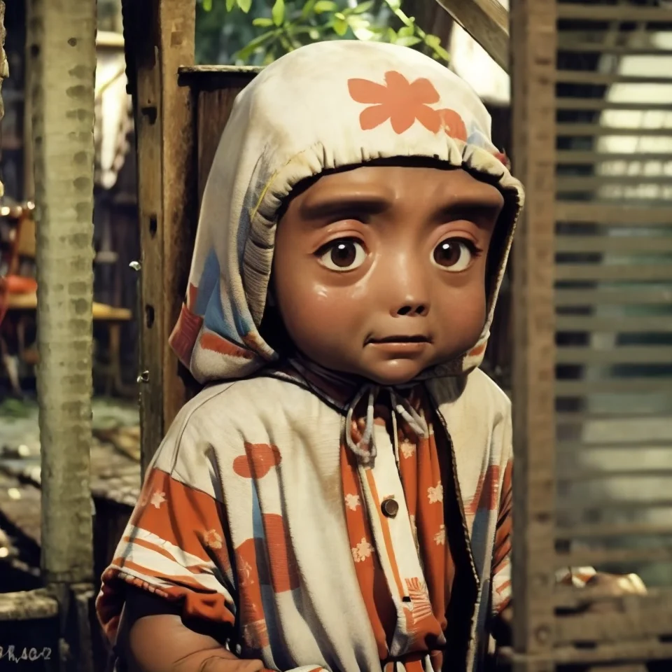 (high quality, masterpiece), close up, (kokey_korekok, weird face, small), (stand, slums of Manila, 1980s), (depth of field), realistic, <lora:kokey_lora:0.8>