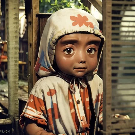 (high quality, masterpiece), close up, (kokey_korekok, weird face, small), (stand, slums of Manila, 1980s), (depth of field), realistic, <lora:kokey_lora:0.8>
