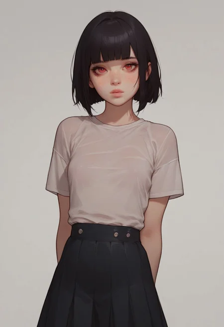 score_9, score_8_up, score_7_up, score_6_up, score_5_up, score_4_up, (1girl, 18 years old, sexy small breasts, skinny, sexy young face, red eyes, black hair, bob haircut, fringe, small outline under skirt, freckles, ,) close up, extremely detailed face, slutty, lifting shirt