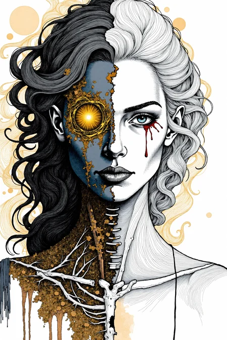 A digital illustration of a portrait of Hel, the ruler of Helheim. Her marvelous wild mane covers part of her beautiful face and chest. Both eyeballs are completely blank and featureless, devoid of pupils and irises, and extend across the entire eye region, blending seamlessly into the surrounding facial area, while the eyes remain fully open. The face is divided into two halves. The left side shows signs of decay and decomposition, with lifeless dark-coal skin, hard bones are visible under the torn skin, shreds of golden ash detached from her skin. Her left eyeball is completely golden. The right half of the face is of unearthly beauty, with immaculate, flawless white skin. Her right eyeball is completely snow-white. The transition between the two halves of the face is fluid and unobtrusive, symbolizing the brief moment between life and death. The picture showcases a surreal and abstract style, created using pencil and ink, characterized by a monochromatic scheme with predominant shades of black, white, and gray, which has been digitally enhanced.