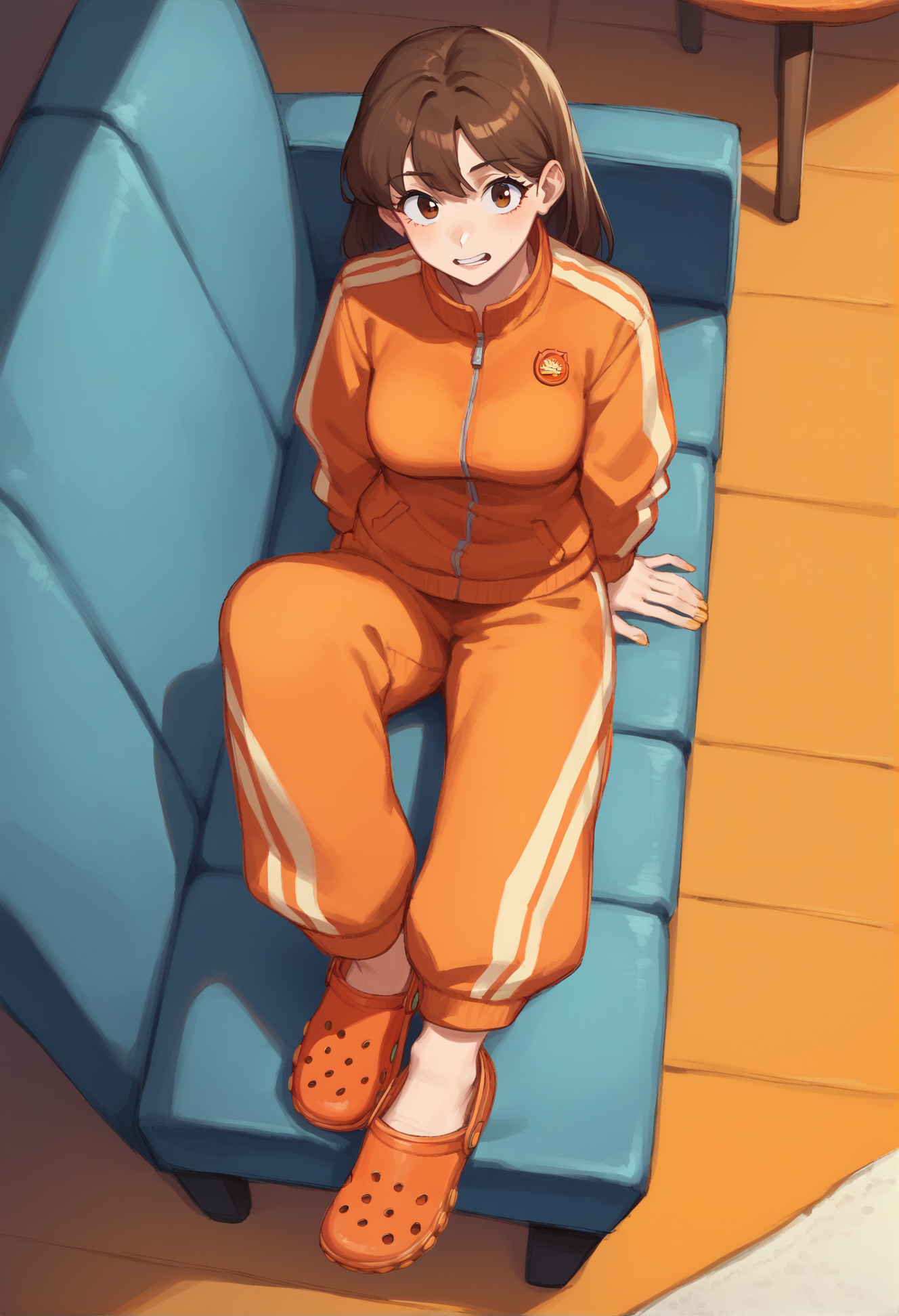 score_9, score_8_up, score_7_up, source_anime, 1girl, brown hair, sitting on sofa, indoors, full body, foot on the table, orange track suit, orange crocs, crocs, from above, <lora:ryth-crocs:1.2>,