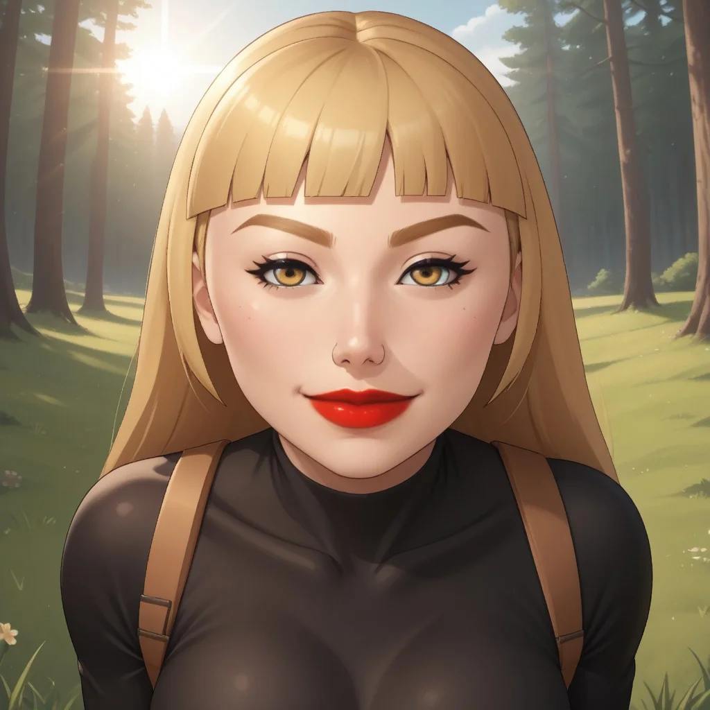 score_9, score_8, BREAK, solo, wii, mii, female mii, wii sports, 1girl, dark yellow eyes, blonde hair, dark blonde eyebrows, red lips, lipstick, black clothing, white pants, shoes, nintendo mii, modern_mii, classic_mii, breasts, Silke_(Wii_Sports), sexy pose, smile, outdoors, sunlight, shadows, evening lighting, natural lighting, forest, trees, grass, orange sky, sunset