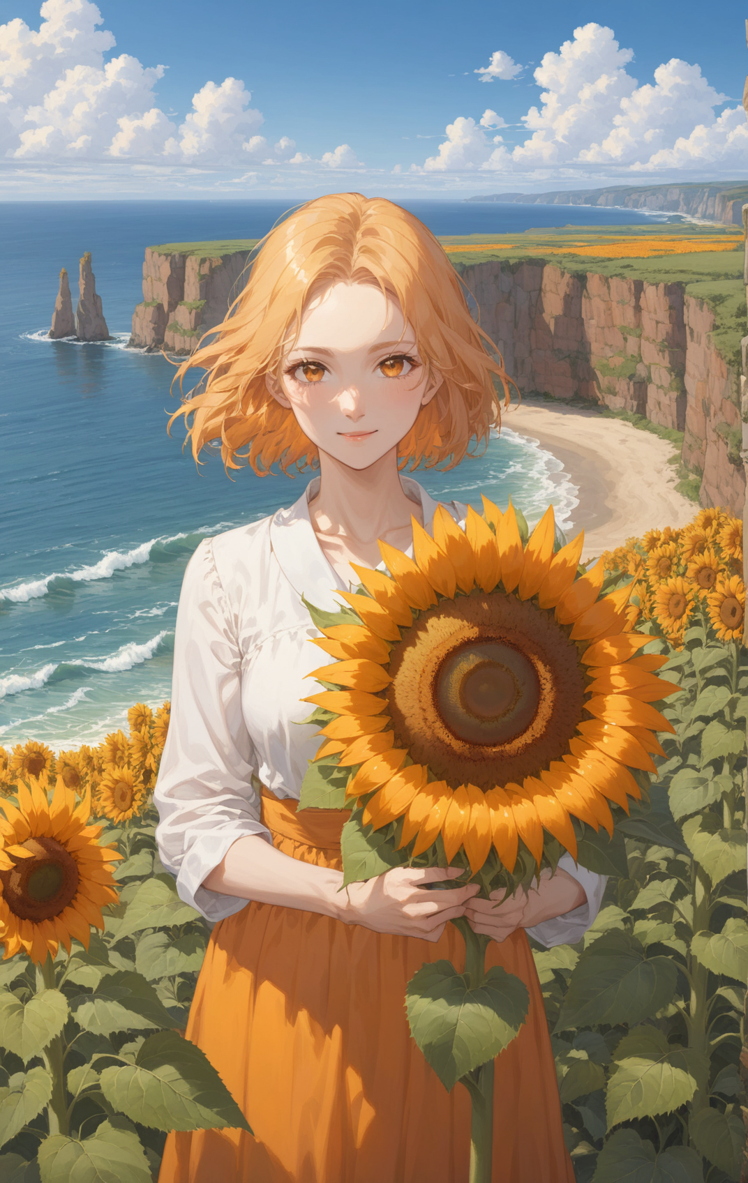 golden_ratio_xl, a woman holding a sunflower with a very large center, sunflower, 1girl, upper body, holding, orange theme, flower, nature, orange flower, in a sunny field overlooking the ocean, cliffs, waves
<lora:golden_ratio:1>
<lora:aesthetic_anime_v1s:1>