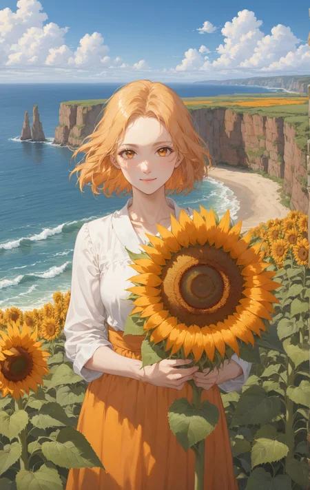 golden_ratio_xl, a woman holding a sunflower with a very large center, sunflower, 1girl, upper body, holding, orange theme, flower, nature, orange flower, in a sunny field overlooking the ocean, cliffs, waves
<lora:golden_ratio:1>
<lora:aesthetic_anime_v1s:1>
