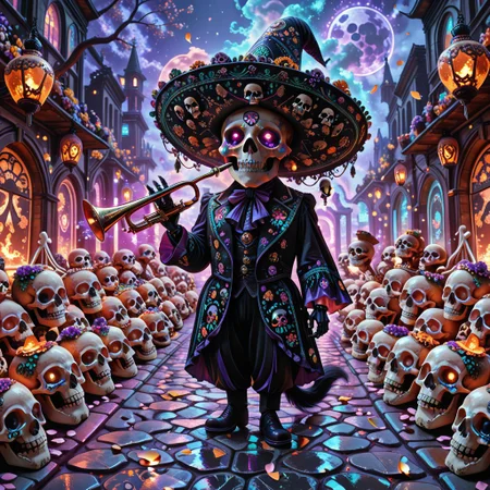cf_style, skullthemeXL, dia_de_muertos style, glowing outlines, neon ambient light, cartoon realism, exaggerated expressions,
(1 energetic cat), wearing oversized sombrero, decorated mariachi suit with glowing embroidery, standing front and center, playing a glowing trumpet made of polished bone.
Surrounded by (4 skeleton musicians), each playing bone-crafted instruments.
Background is a festive night plaza, papel picado banners, floating skull lanterns emitting soft orange and purple glow.
Colorful petals swirling midair, ambient lights reflecting on cobblestone floor. Stylized textures, warm contrast lighting.