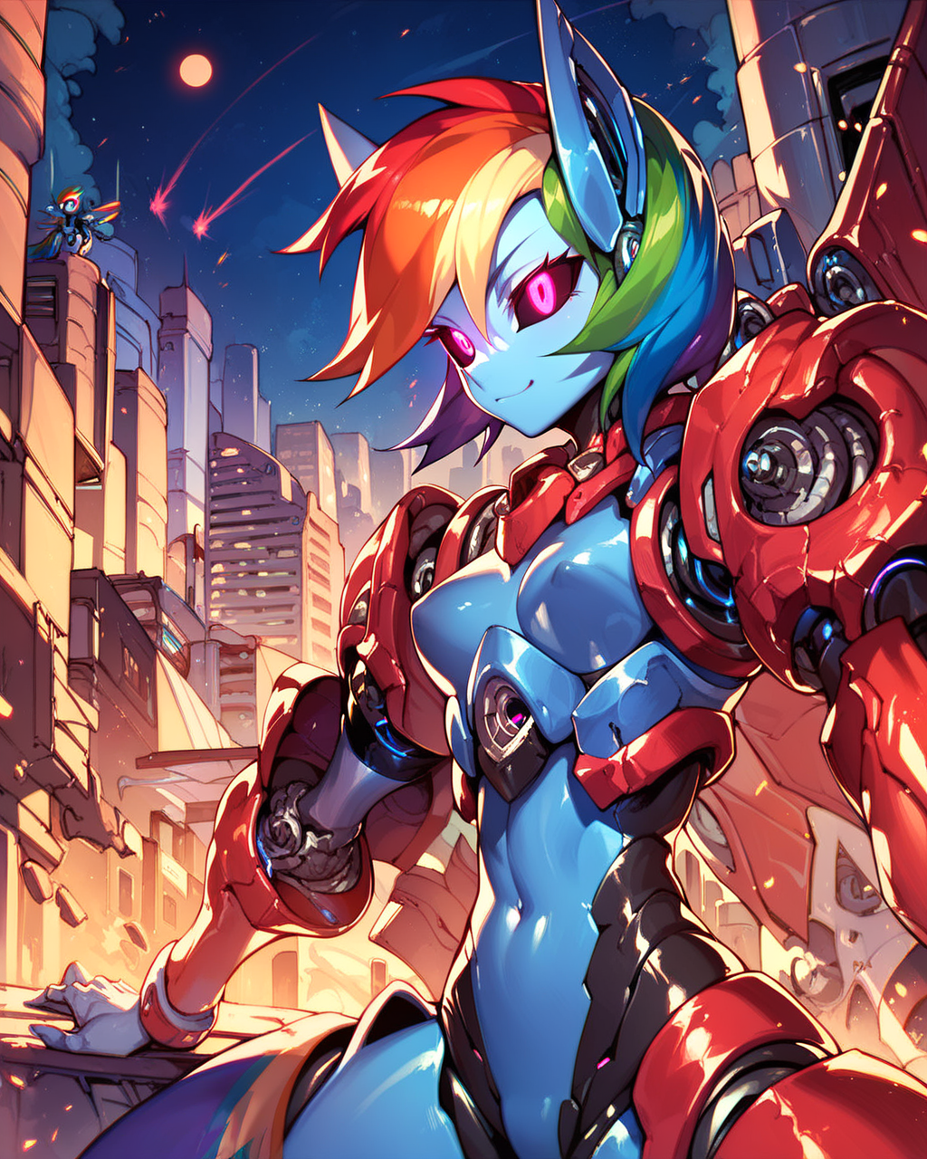 score_9, score_8_up, Rainbow dash, robot girl, mecha, metal skin, shiny skin,  black sclera, glowing eyes, smooth shading, night, city  <lora:Robotization_Pony:0.7>, score_9, score_8_up,