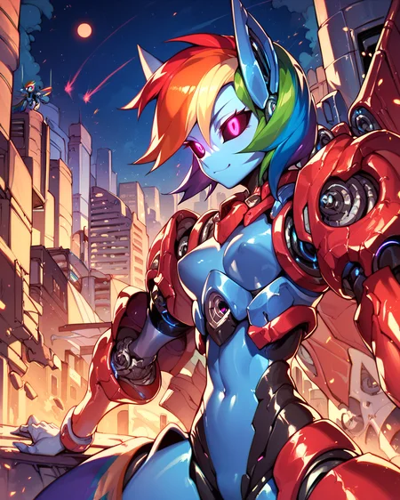 score_9, score_8_up, Rainbow dash, robot girl, mecha, metal skin, shiny skin, black sclera, glowing eyes, smooth shading, night, city <lora:Robotization_Pony:0.7>, score_9, score_8_up,