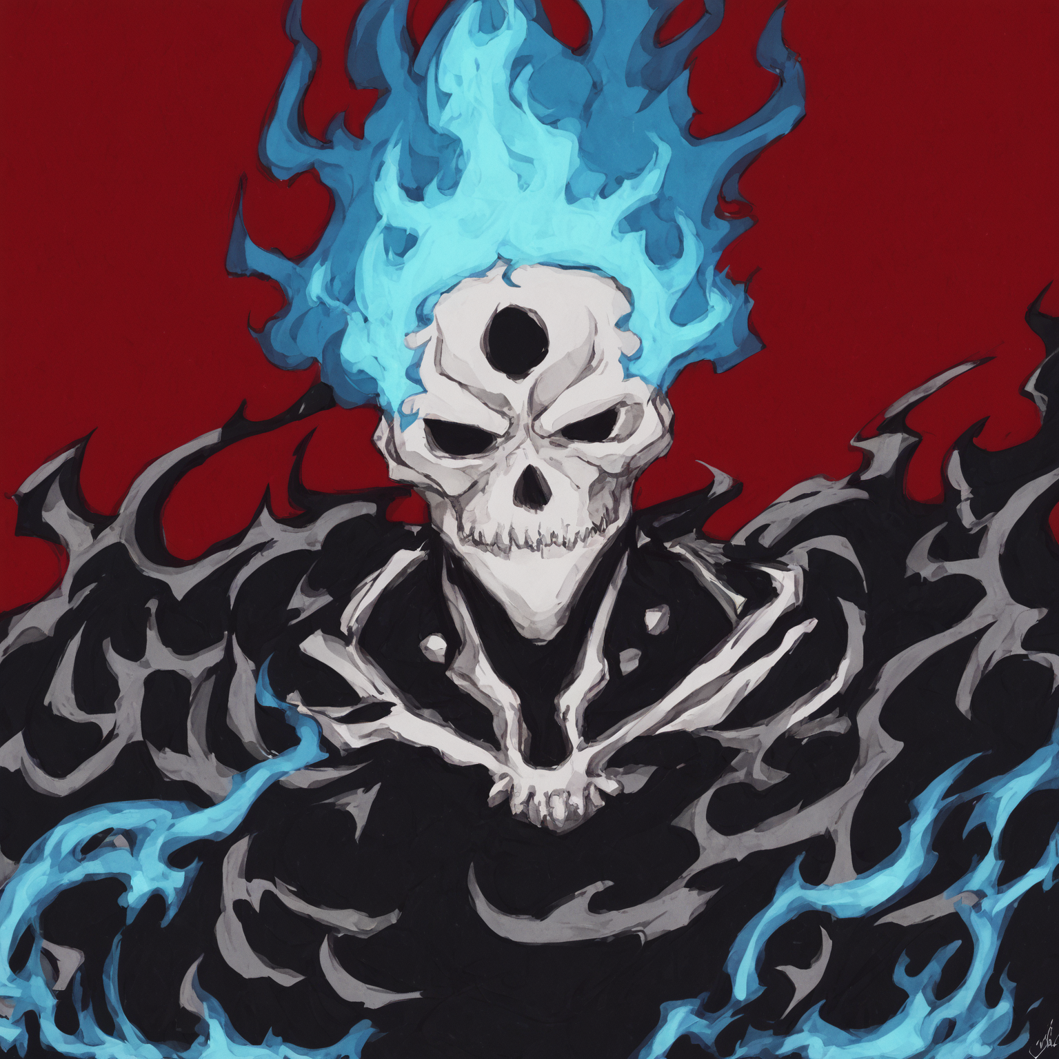 <lora:SlimesAtsushiOhkuboStyle:1>, slimes_atsushistyle, skull knight, portrait, blue flames, burning background, art by Atsushi Ohkubo