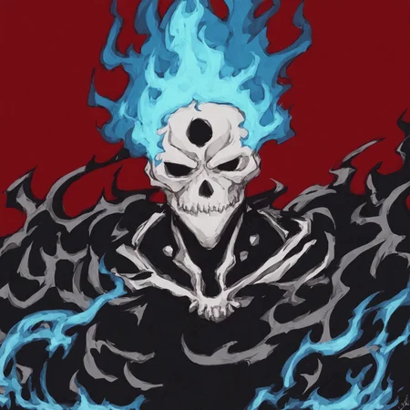 <lora:SlimesAtsushiOhkuboStyle:1>, slimes_atsushistyle, skull knight, portrait, blue flames, burning background, art by Atsushi Ohkubo