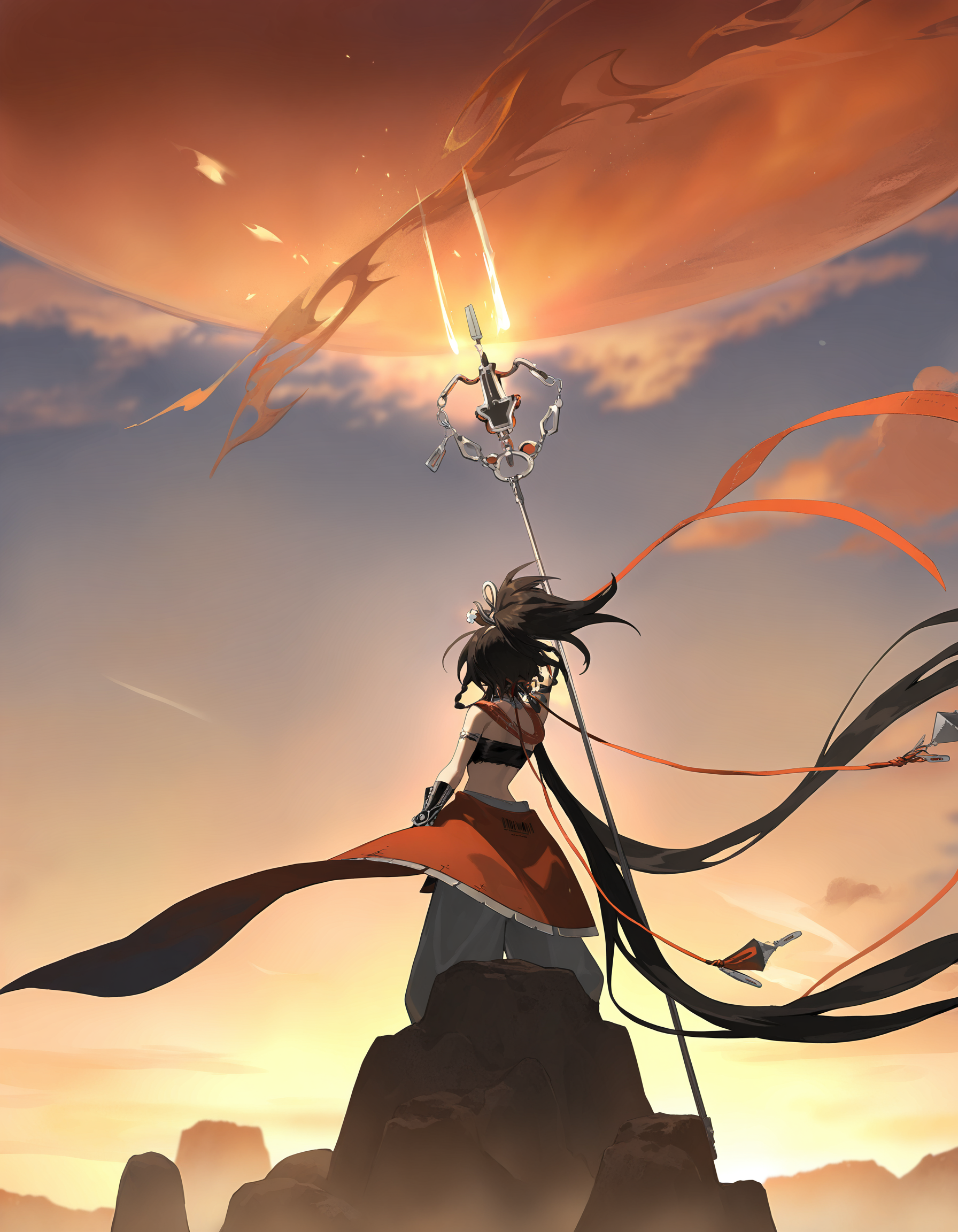 <lora:mofei_noob2:1>,mofei,1girl,weapon,polearm,long hair,holding weapon,solo,holding polearm,holding,black hair,ponytail,spear,very long hair,wide shot,sword,
masterpiece,best quality,very aesthetic,absurdres,