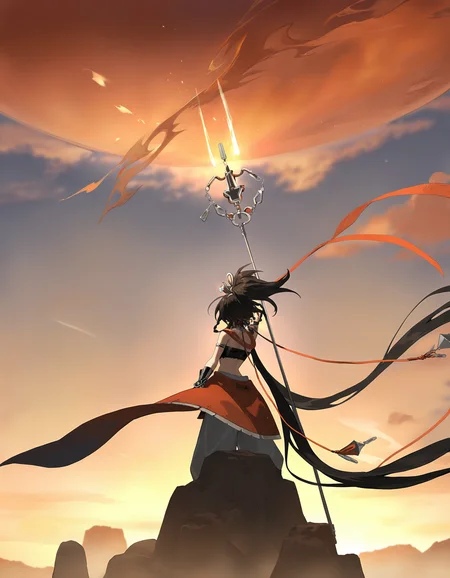 <lora:mofei_noob2:1>,mofei,1girl,weapon,polearm,long hair,holding weapon,solo,holding polearm,holding,black hair,ponytail,spear,very long hair,wide shot,sword,
masterpiece,best quality,very aesthetic,absurdres,