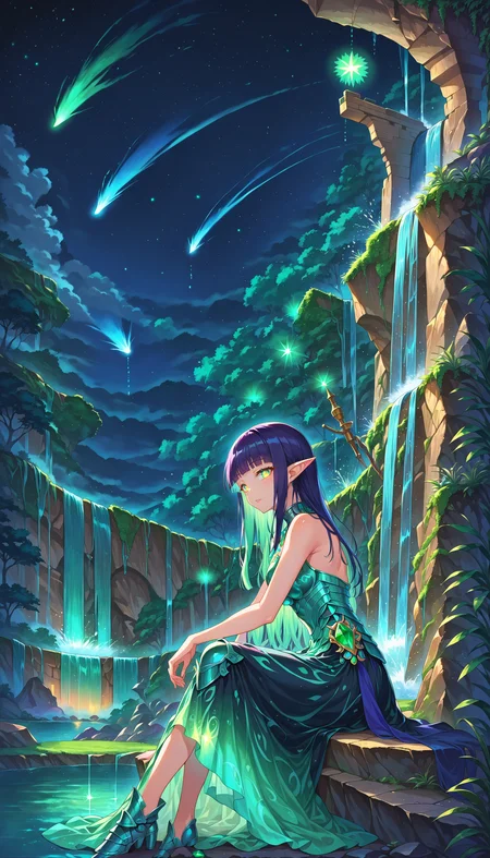 score 9, 1girl, girl knight, beautiful detailed eyes, glowing eyes, blunt bangs, gradient hair, pointy ears, [opal:green emerald style:0.5] armor, armored dress, 
waterfall, comet, scenery, outdoors, wariza, sitting, from side, looking at viewer,
detailed Illustration, official artwork, wallpaper, official art, night, dappled moonlight,
<lora:bioluminescent_dress-PD-1.0-full:0.4> bioluminescent dress,
<lora:detailed_backgrounds_v2:0.4>
<lora:IOS_Iridescent_opal_style:0.4>
 <lora:Green_emerald_style:0.4>
<lora:absurdres_quality:0.4> masterpeice, best quality, very aesthetic, absurdres