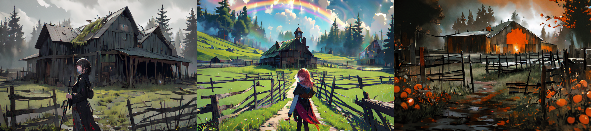 (otherworldly), highly insanely detailed, masterpiece, top quality, best quality, highres, 4k, 8k, RAW photo, (very aesthetic, beautiful and aesthetic), farm, fields, barn, fence, fantfa, <lora:FantasyFarm-10:1>, 
1girl, 
(__lazy-wildcards/char/haircolor__), 
(__lazy-wildcards/dataset/background-color__),âââ