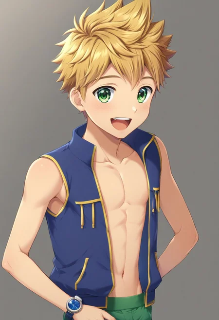 semi-shirtless, blond hair, short hair, kenji sato, spike hair, solo focus, subtle muscle definition, wear white open clothes, sleeveless wear blue watch on the left hand, happy expression, young male,
