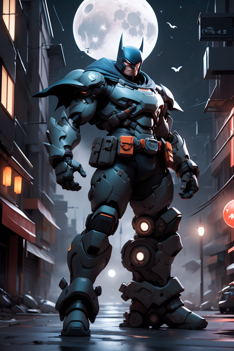 absurdres, 1boy, (at night:1.4), dark alley, moon, BREAK grey (android (batman:0.8)) in (matte black hardsuit:1.2), military, roughed up, mechanical arms, city fog, (glowing white eyes) , <lora:nijiarmor_anime_v2:0.7>