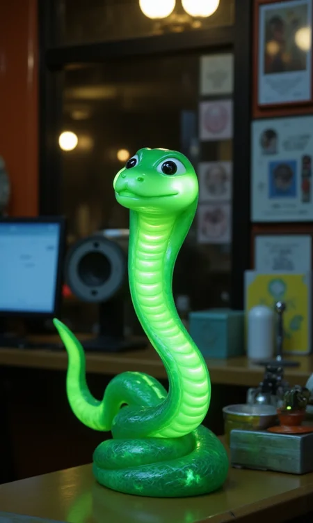 jade_snake, shebaaobao, neouv, cartoon snake made out of glowing illuminated iridescent jade ready to bite somebody on the counter of a pawn shop in New York City <lora:jadesnakeflux-000001.safetensors:1.0> <lora:shebaobao_flux_snake_Cartoon_v2.safetensors:1.0> <lora:neouv_flux_03.safetensors:1.0>