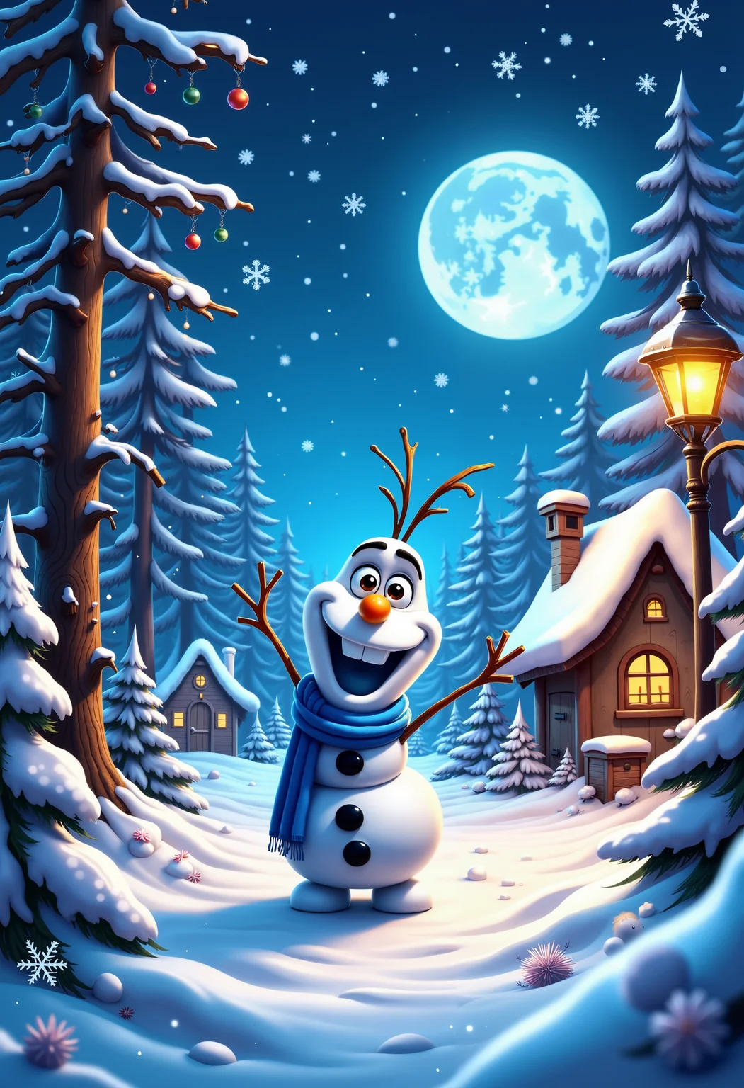 bo-christmas, christmas mood, magical christmas, a lettering text:"Christmas Dreams", a highly detailed, digital illustration in a realistic, hyper-realistic style, depicting a winter wonderland at night, the scene features a whimsical, snowman-like character, olaf, standing in the center of the image, he has a round, bulbous head with a large orange carrot sticking out of its mouth and two small black buttons on its cheeks, his eyes are large and expressive, with a cheerful expression, he is wearing a blue scarf around his neck and a pair of antlers on his head, to his left, there are tall, snow-covered trees with frosty branches, their trunks and branches covered in a thick layer of snow, surrounding olaf are smaller, more detailed snowflakes and evergreen trees, the background is a serene, snowy landscape with a clear blue sky dotted with stars, and a full moon shines brightly in the upper right corner, to the right, a vintage-style streetlamp with a warm, yellow light casts a soft glow, adding a nostalgic, nostalgic ambiance to the scene, in the distance, a small wooden house with a thatched roof is visible, partially hidden from view, the overall atmosphere is peaceful and magical, evoking a sense of wonder and wonderland, high quality, ultra detailed, colorful, abstract, fantasy.<lora:Flux\boFLUX Christmas Dreams.safetensors:1.0:1.0>