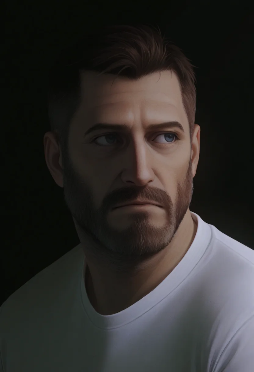 <lora:Thom_from_Love_Death_Robot_v0.2:1>
thomldr, 1boy, male focus, mature male, close-up, portrait, looking to the side, closed mouth, serious, short hair, brown hair, beard, blue eyes, facial hair, mustache, white shirt, t-shirt, dimly lit, dark background, photorealistic,
BREAK
best quality, masterpiece, very aesthetic, absurdres, highest detailed,
