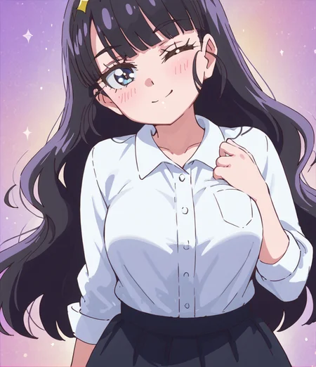 score 9, score 8 up, score 7 up, detailed background, shiny skin,
<lora:curefinale.pony:1>,
amane, def,
large breasts, wide hips,
blush, smile, one eye closed, head tilt, undressing,
