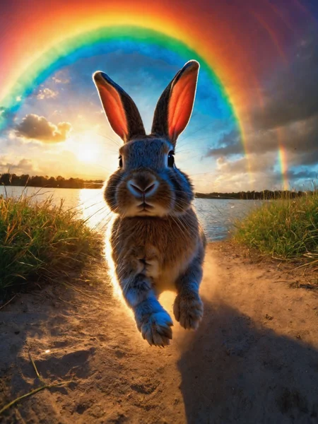 comic (rabbit) is (running:1.05) to the viewer whilst Moulting,, (dynamic:1.1), sun rays,, (taken by 7.5mm fisheye lens:1.1) (looking to the right)
=
With a rainbow nebula background elements . Epic dynamic lighting .(2. Serene Lakeside Sunset)
=
=
((Vivid, HDR, Canon50, 8K, Hyper Realistic, Dramatic, Epic, Dynamic Contrast, Cinematic Lighting)) (((Zoomed Out, Far away Shot)))
=
<lora:juggernautXL_version6Rundiffusion:0.8> <lora:crystalClearXL_ccxl:0.8>
((Vivid, Epic, Dynamic contrast)) (((Zoomed out, Far away shot, In frame)), By art germ . graphic illustration, comic art, graphic novel art, vibrant, highly detailed
