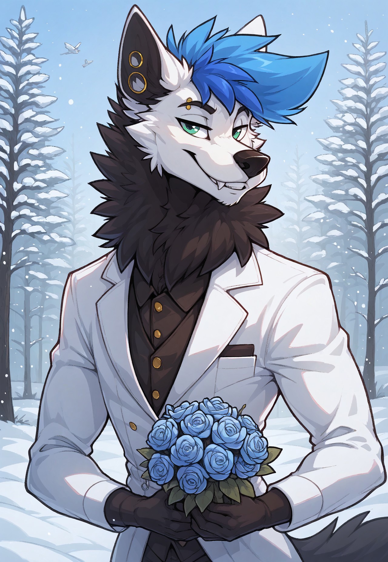 safe_pos, masterpiece, score_9_up, score_8_up, score_7_up, score_6_up, source_furry, (best quality:1.1), ultra-detailed, high resolution, solo, highly detailed macro illustration BREAK 1boy, turquoise, anthro wolf, black neck tuft white fur, blue hair, green eyes, male, athletic, (seductive expression, seductive face:1.2), smirk, bedroom eyes, look at viewer, earrings, dressed, (wearing a white fur-trimmed wedding suit), black winter gloves, close-up BREAK in a snowy field, surrounded by frost-covered trees, (holding a bouquet of icy blue flowers), snowflakes falling softly, cold lighting, romantic atmosphere BREAK sharp focus, perfect lighting, anatomically correct, extremely detailed, tranquil setting, high detail, serene, Expressiveh, detailed background, OverallDetail, zPDXL3, good_hands